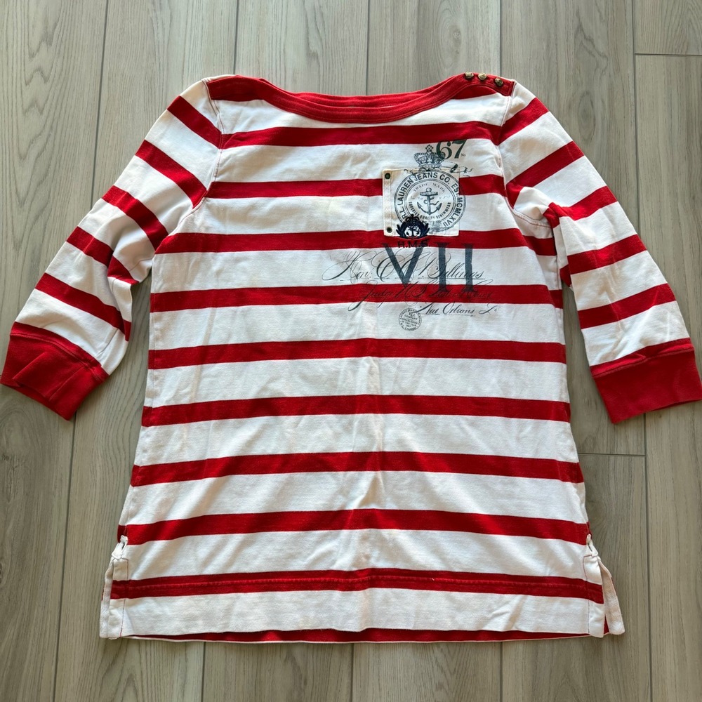 Y2K Lauren Jeans Co Ralph Lauren Top Women XL Red White Striped Nautical Graphic